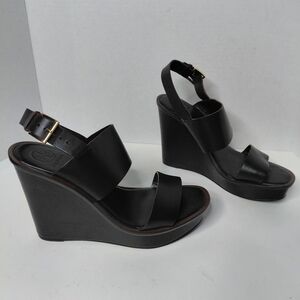 Tory Burch Lexington Black Leather Wedges Size 8